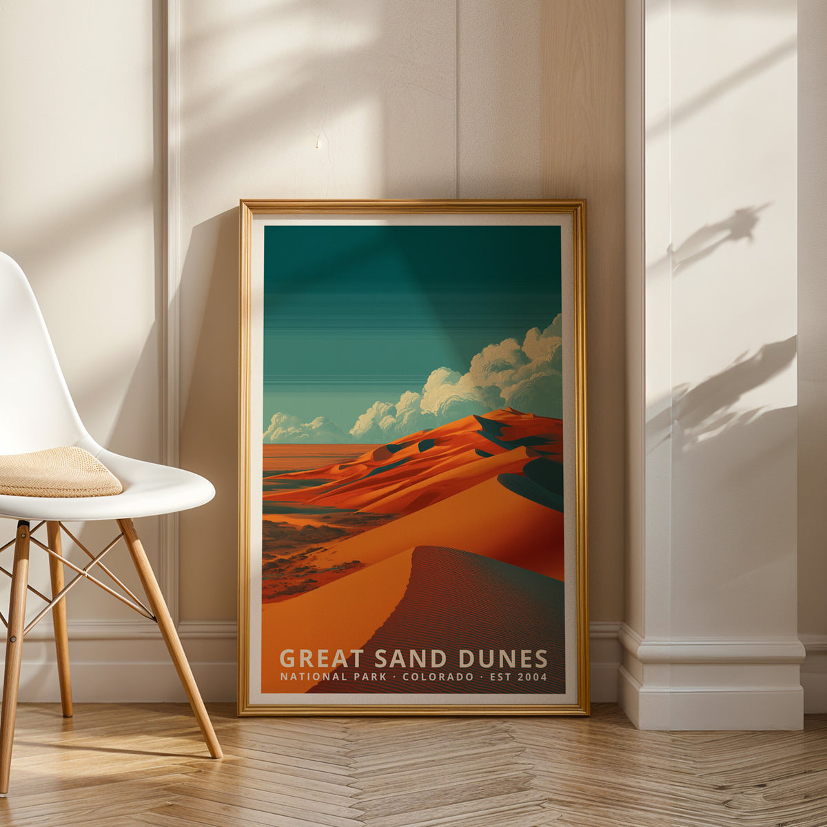 Framed Great Sand Dunes National Park retro travel poster styled as gallery-quality wall art in a modern interior
