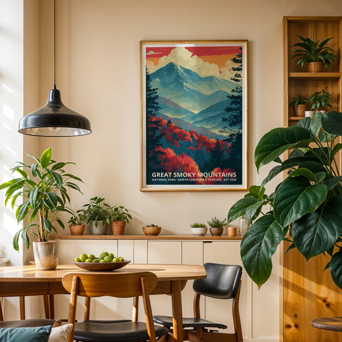 Great Smoky Mountains National Park mid-century travel poster presented as framed national park wall décor