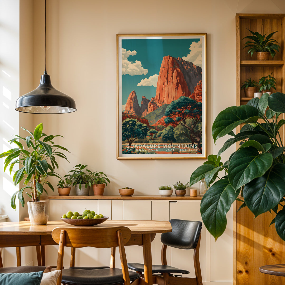 Guadalupe Mountains National Park mid-century travel poster presented as framed national park wall décor