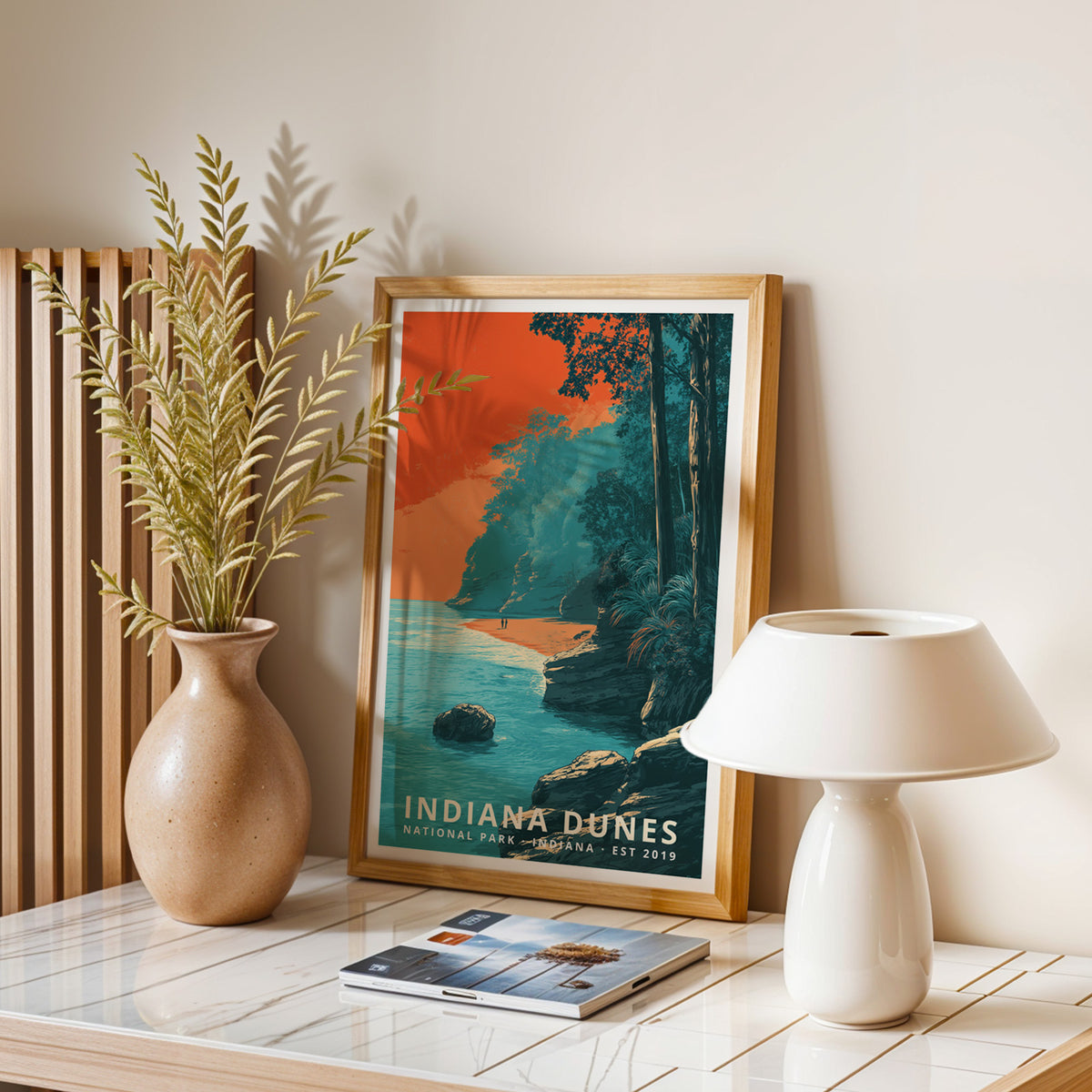 Indiana Dunes National Park retro poster shown framed as a vertical travel print in a contemporary home