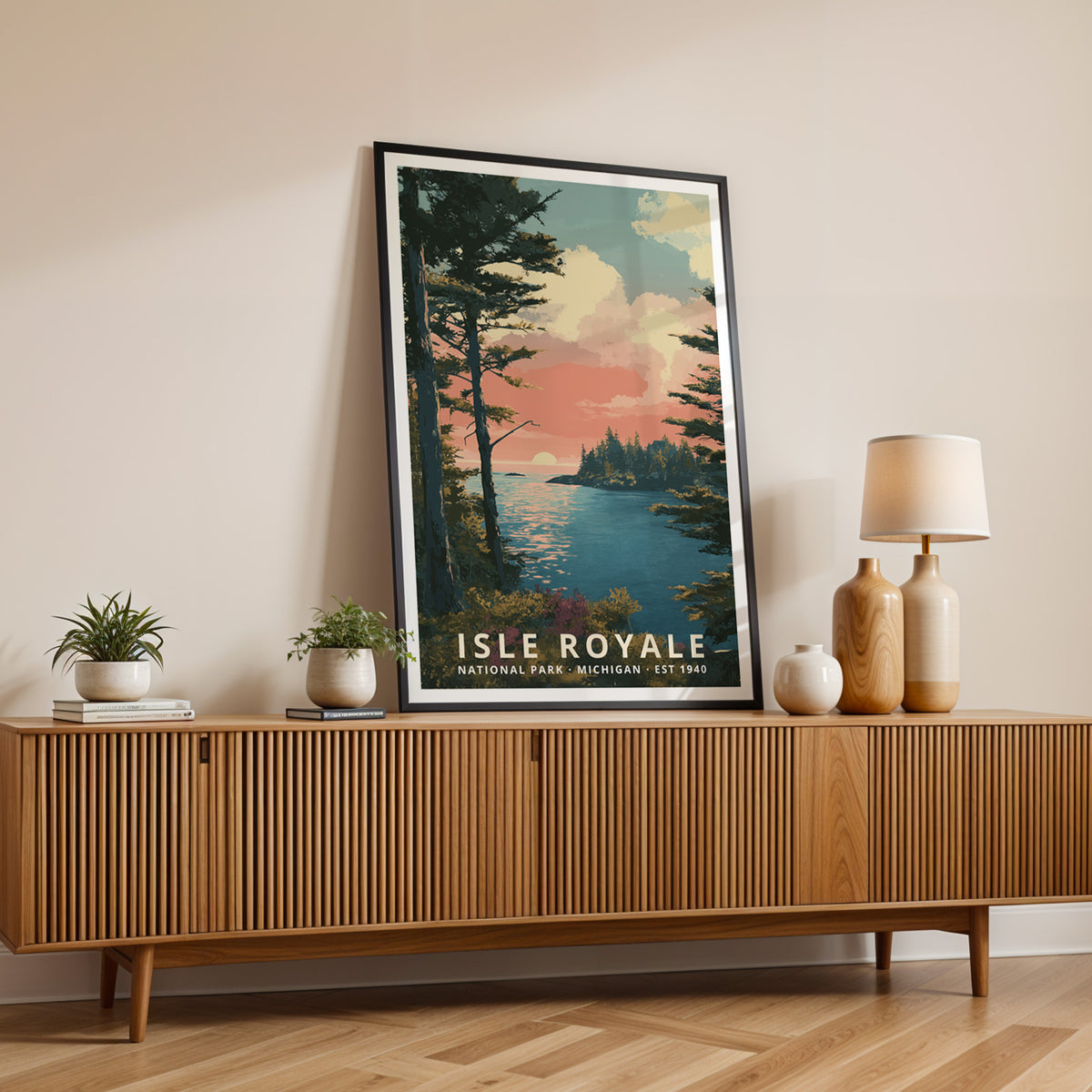 Isle Royale National Park vintage-style travel print displayed as framed wall décor in a styled room