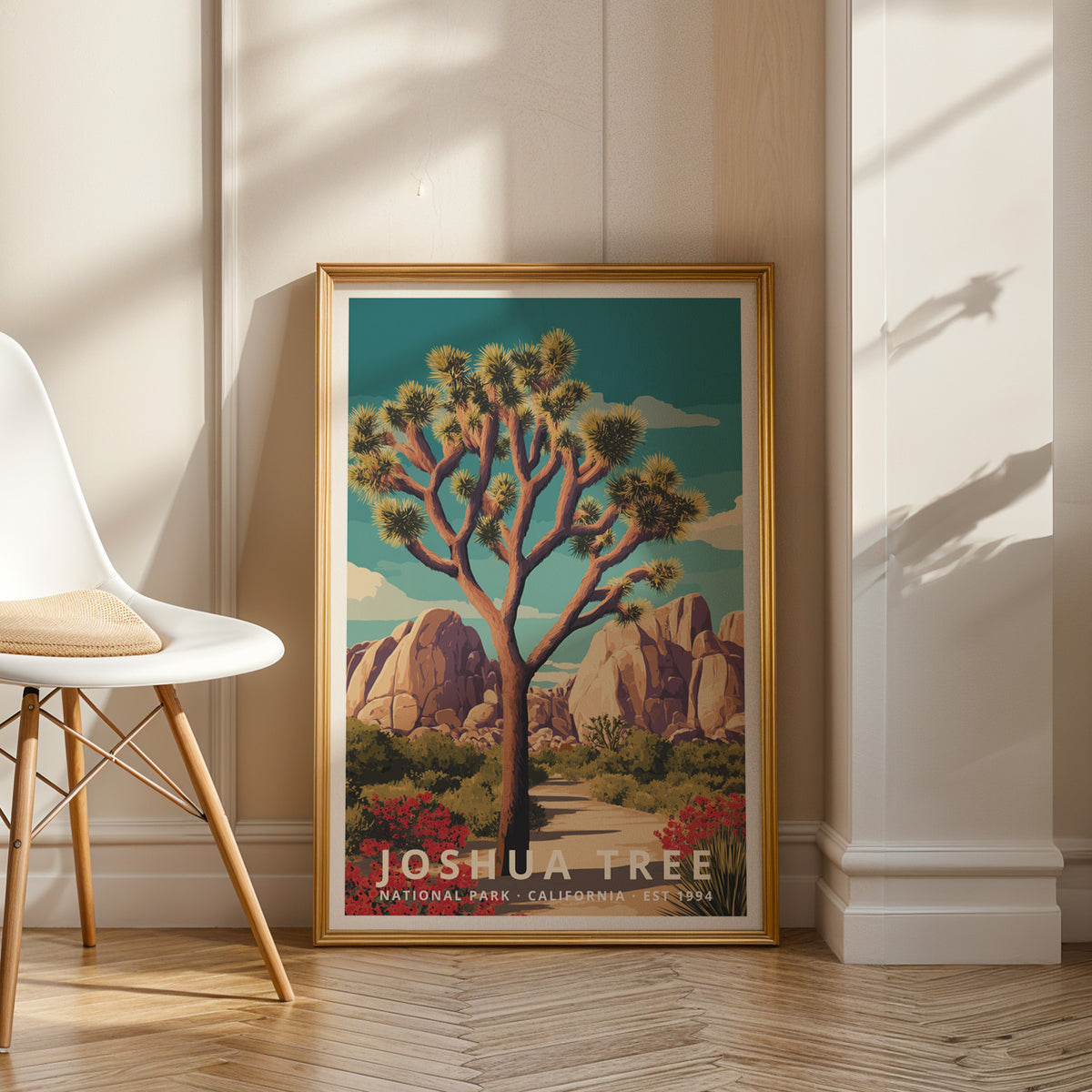 Framed Joshua Tree National Park retro travel poster styled as gallery-quality wall art in a modern interior