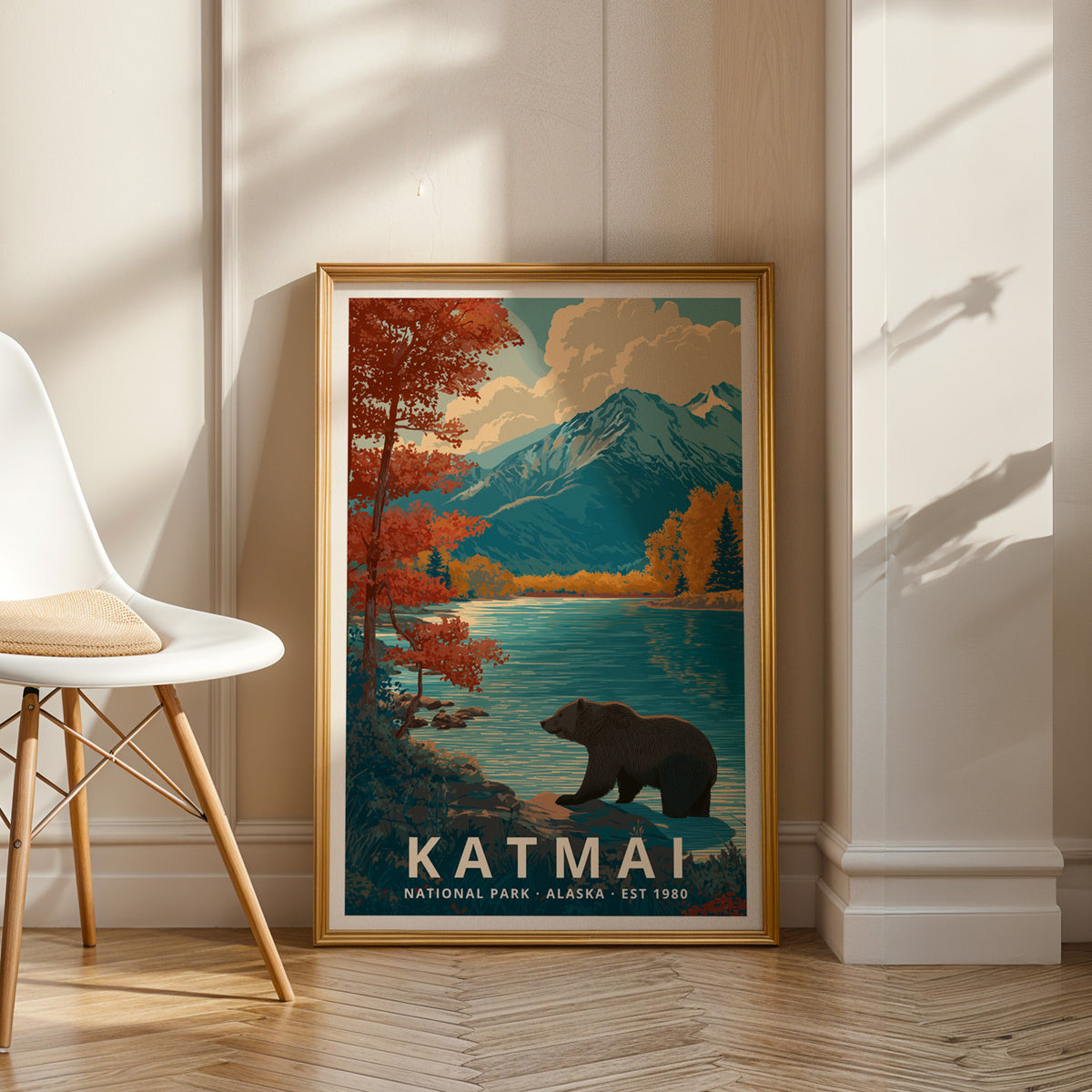 Framed Katmai National Park retro travel poster styled as gallery-quality wall art in a modern interior