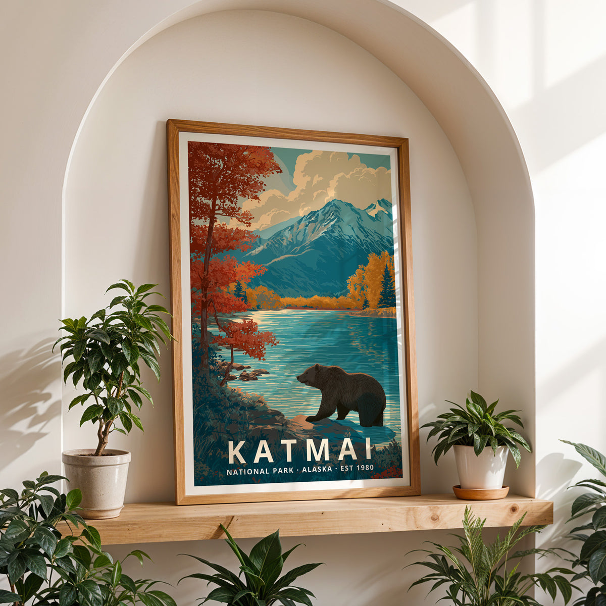 Framed Katmai National Park travel print styled as home wall art for hikers and nature lovers