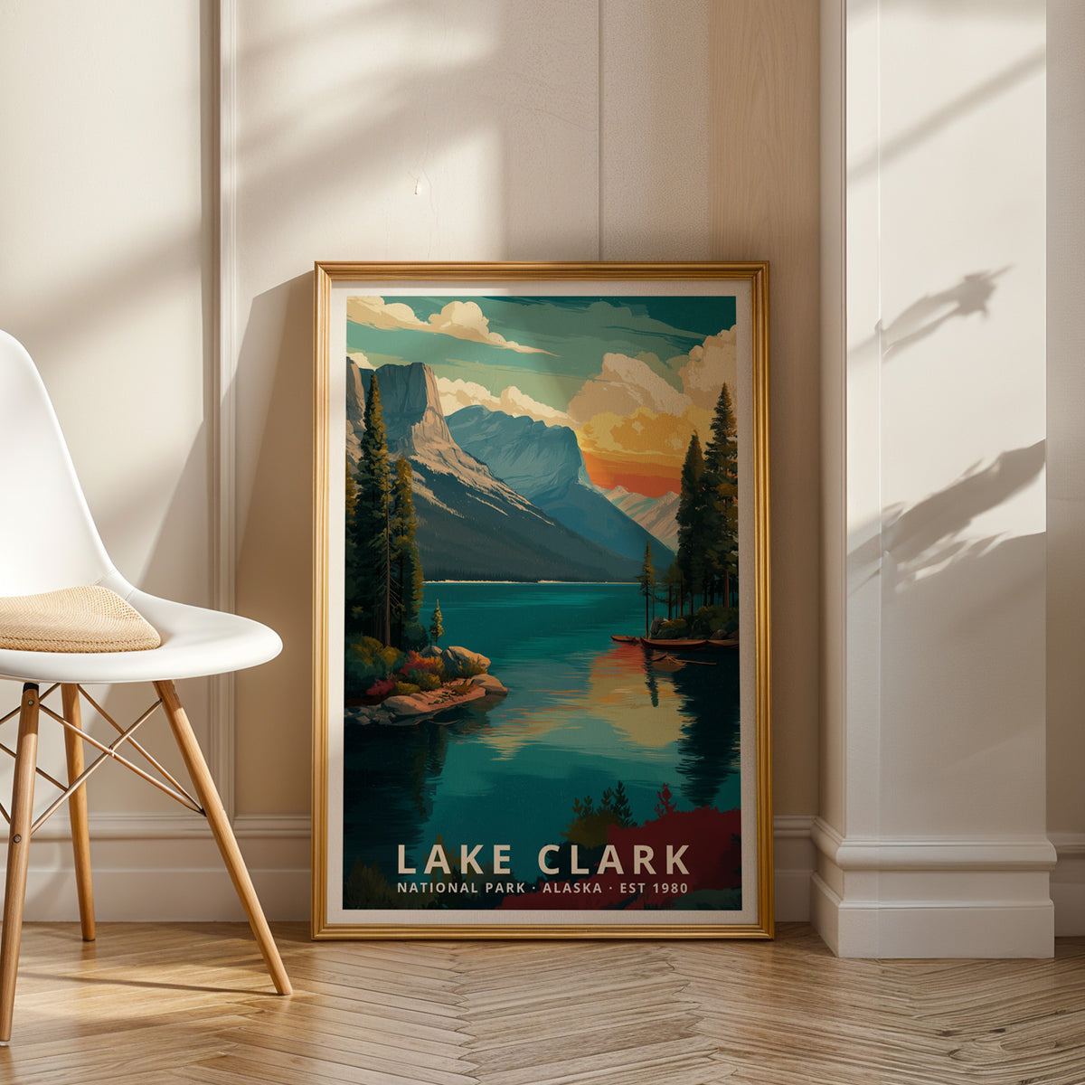 Framed Lake Clark National Park retro travel poster styled as gallery-quality wall art in a modern interior