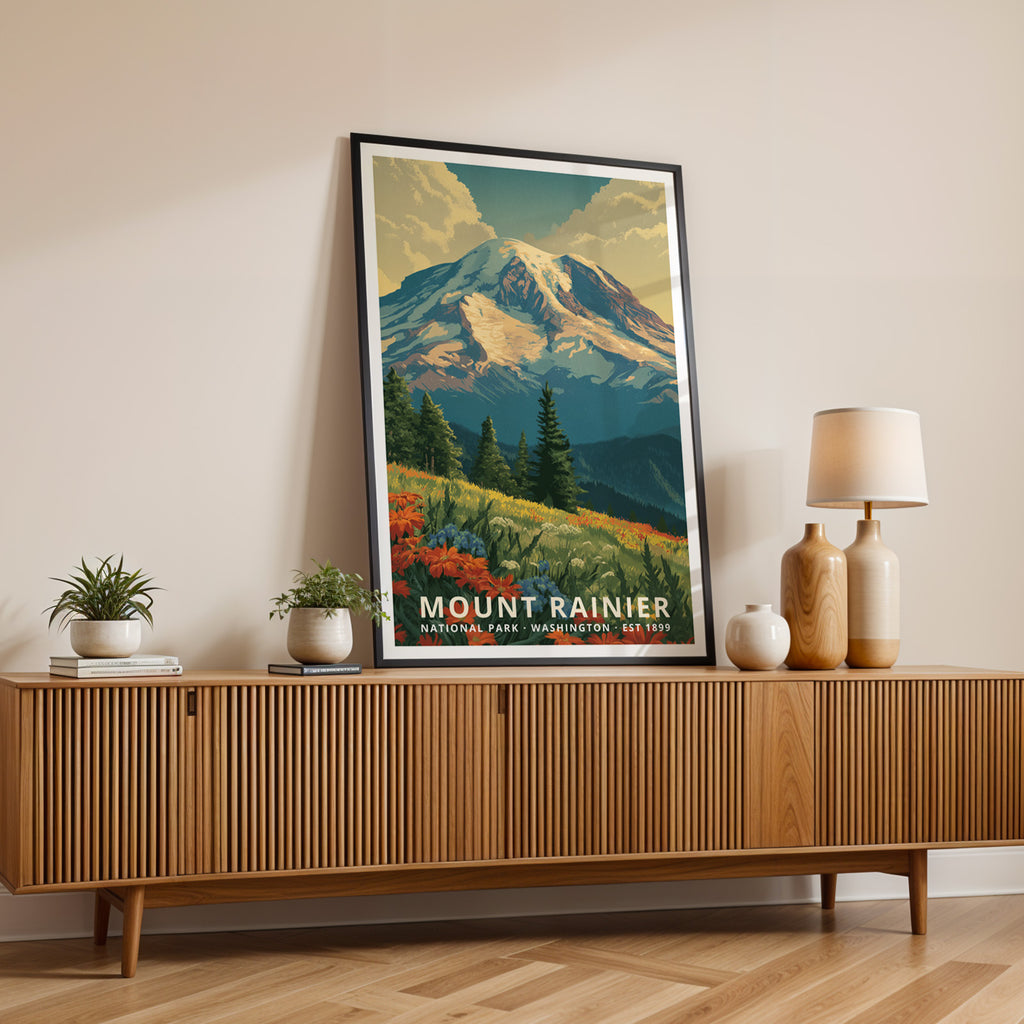 Mount Rainier National Park Retro Art Print