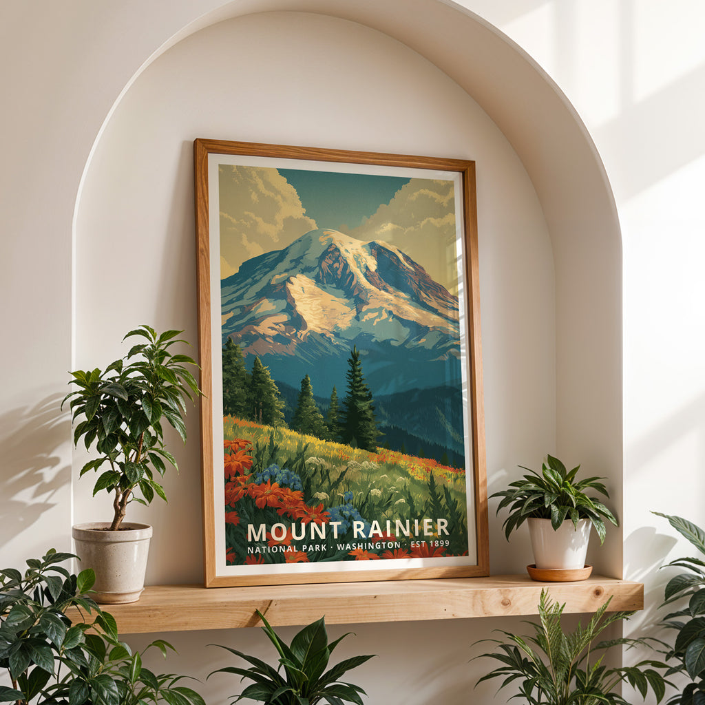 Mount Rainier National Park Retro Art Print