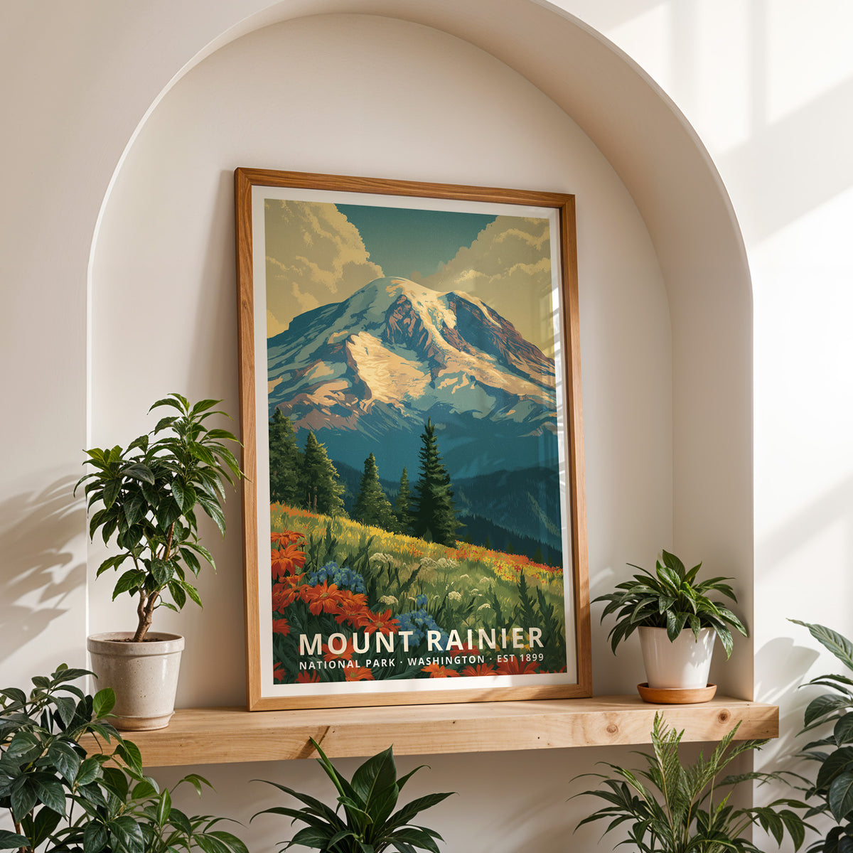 Framed Mount Rainier National Park travel print styled as home wall art for hikers and nature lovers