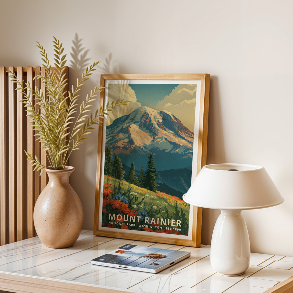 Mount Rainier National Park retro poster shown framed as a vertical travel print in a contemporary home