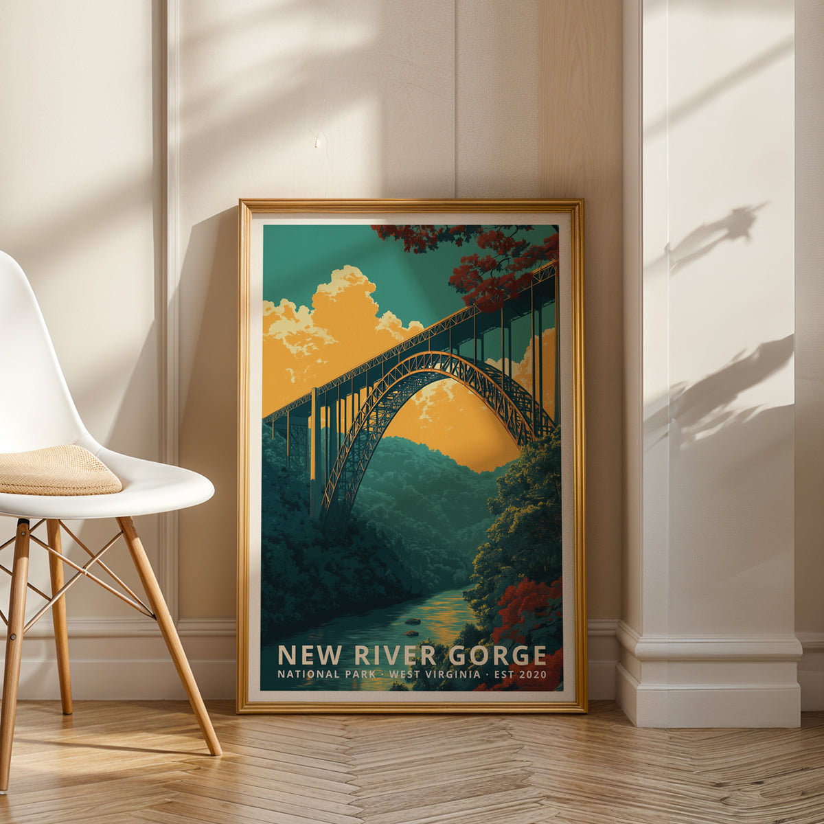 Framed New River Gorge National Park retro travel poster styled as gallery-quality wall art in a modern interior