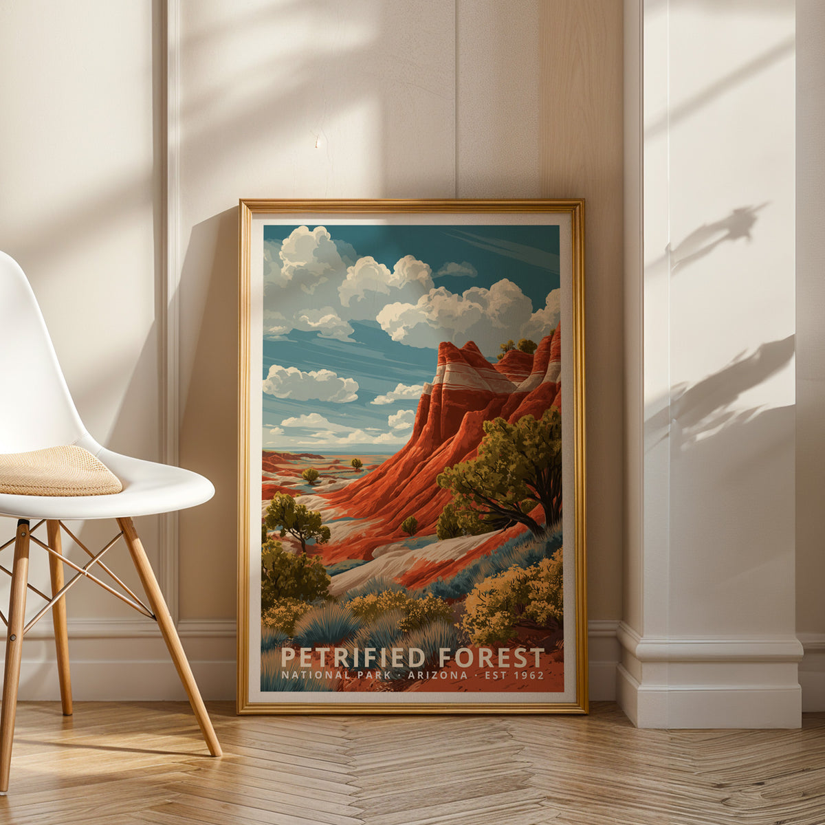 Framed Petrified Forest National Park retro travel poster styled as gallery-quality wall art in a modern interior