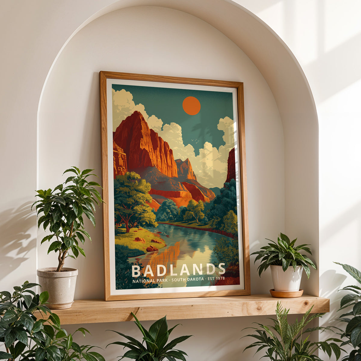 Framed Badlands National Park travel print styled as home wall art for hikers and nature lovers