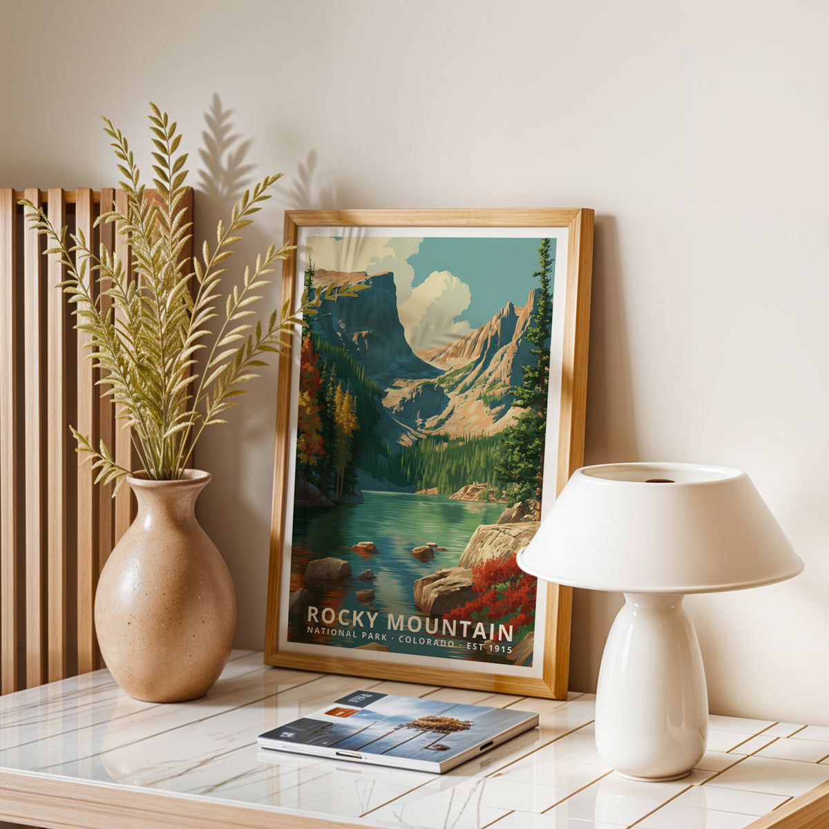 Rocky Mountain National Park retro poster shown framed as a vertical travel print in a contemporary home