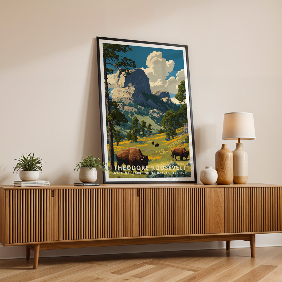 Theodore Roosevelt National Park vintage-style travel print displayed as framed wall décor in a styled room