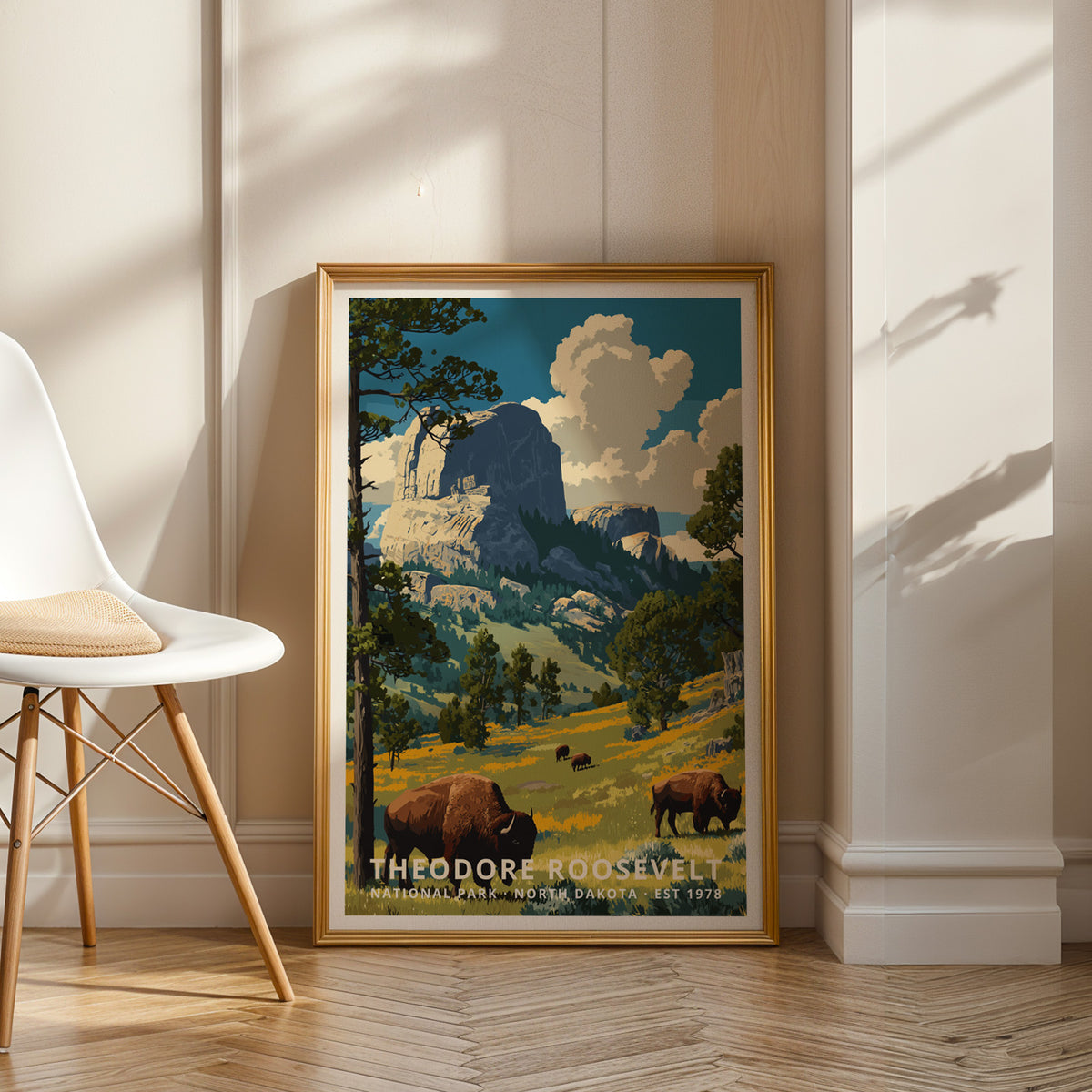 Framed Theodore Roosevelt National Park retro travel poster styled as gallery-quality wall art in a modern interior