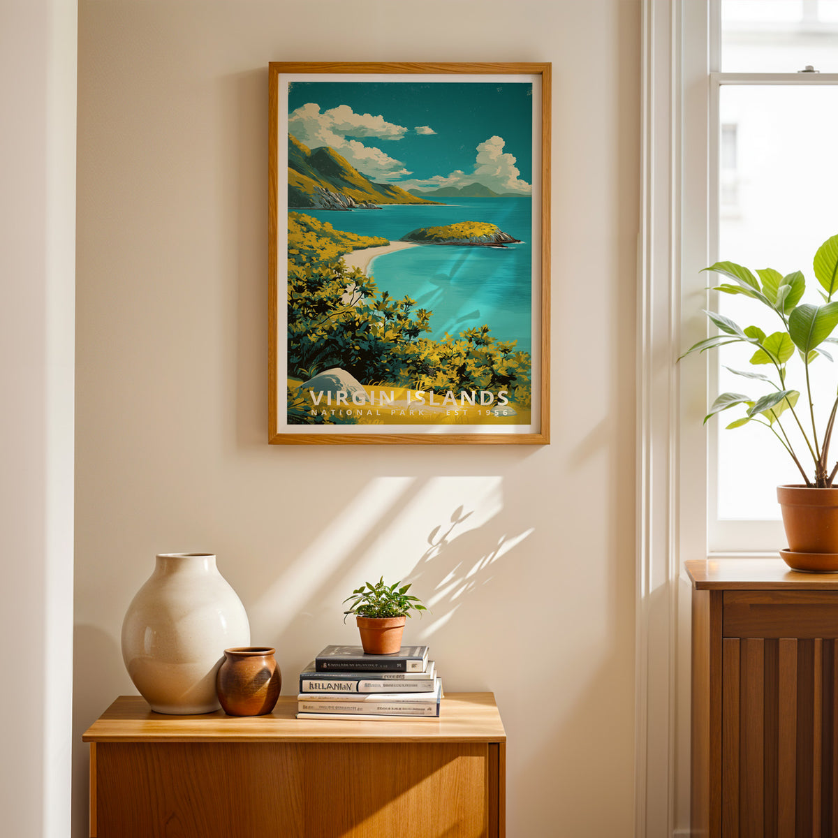 Framed Virgin Islands National Park poster shown as retro wall art for a living room or home office