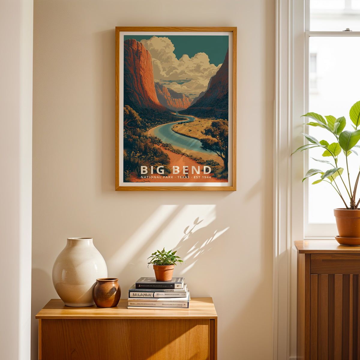 Framed Big Bend National Park poster shown as retro wall art for a living room or home office