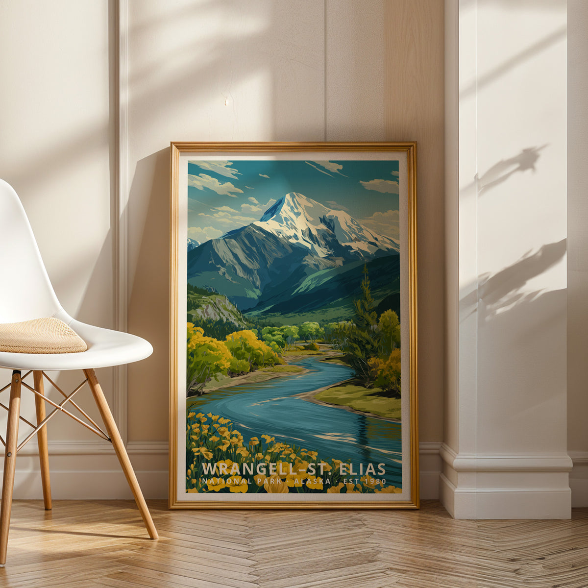 Framed Wrangell–St. Elias National Park retro travel poster styled as gallery-quality wall art in a modern interior
