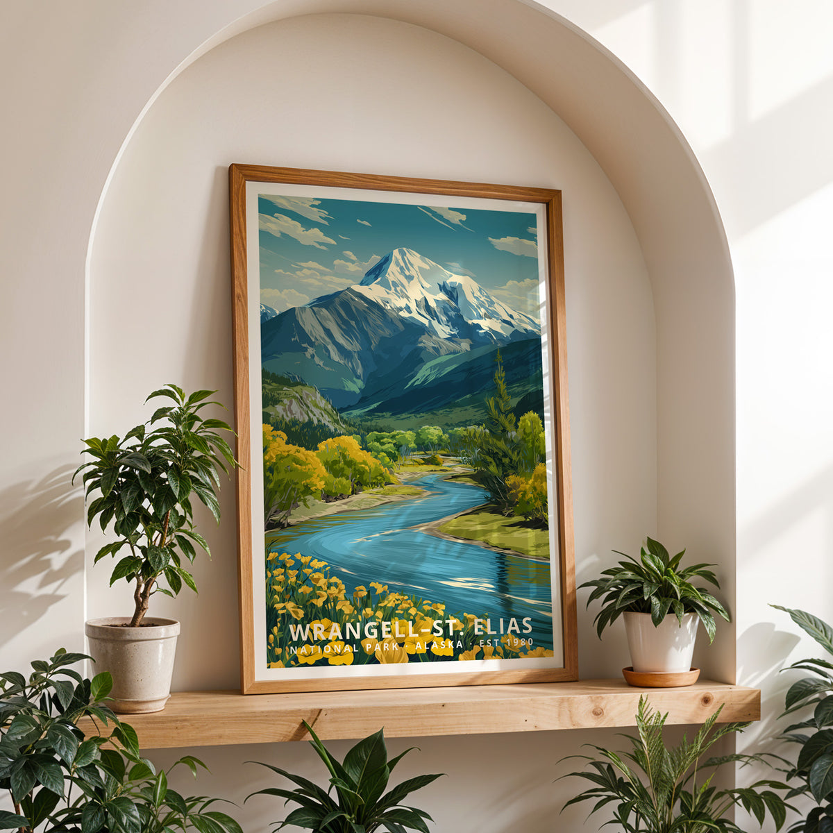 Framed Wrangell–St. Elias National Park travel print styled as home wall art for hikers and nature lovers