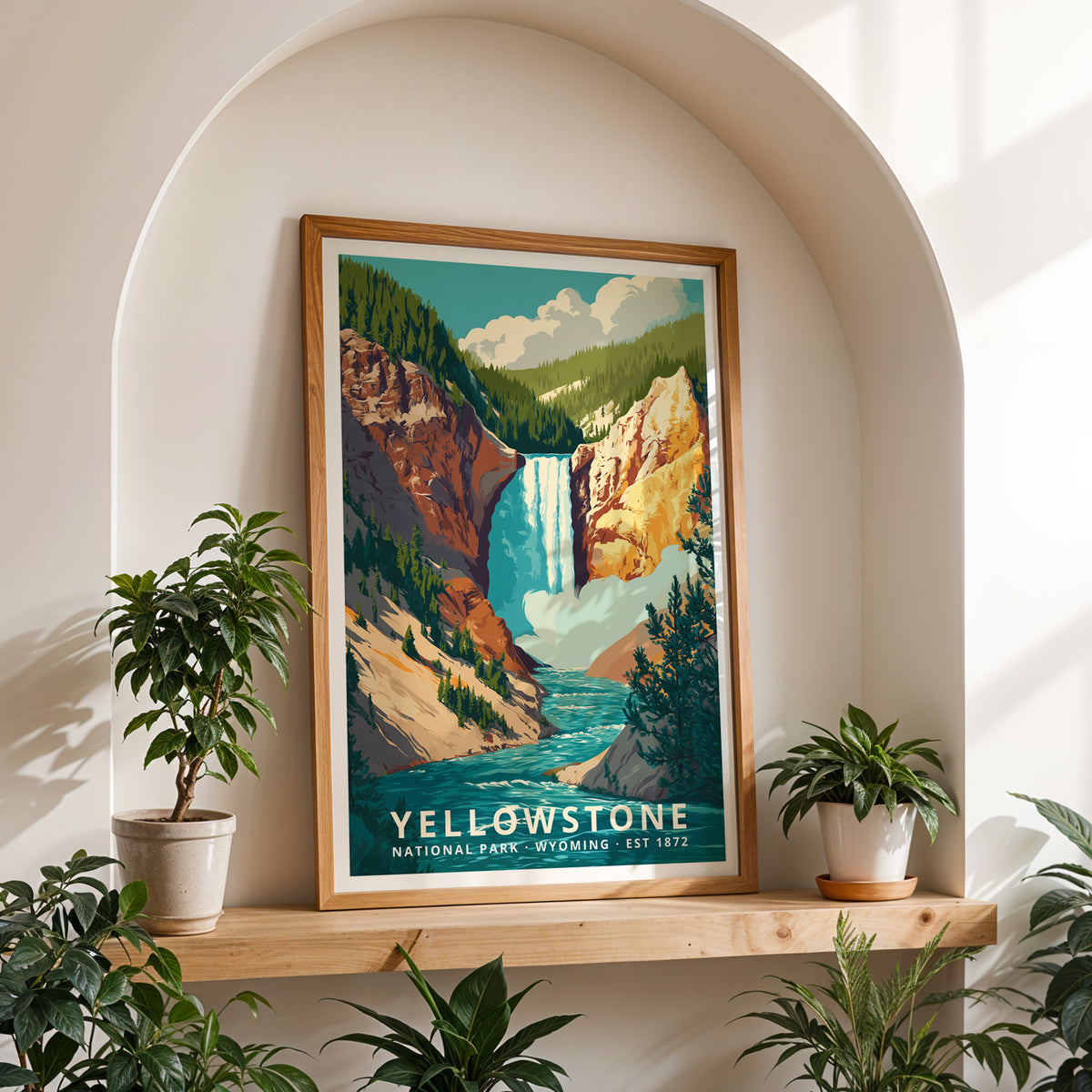 Framed Yellowstone National Park travel print styled as home wall art for hikers and nature lovers