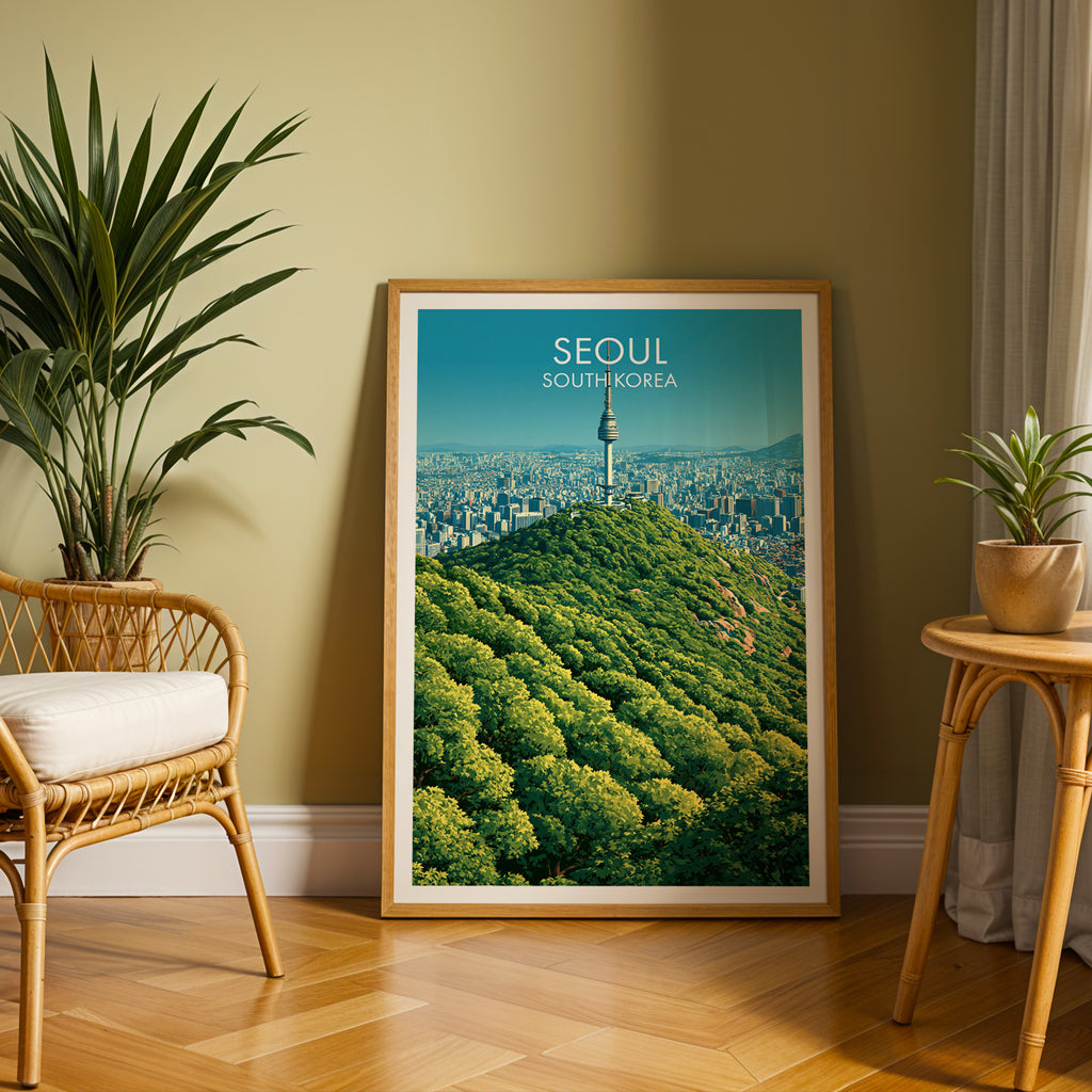 Large N Seoul Tower Seoul Korea travel print in an oak frame leaning on a herringbone floor next to a rattan chair