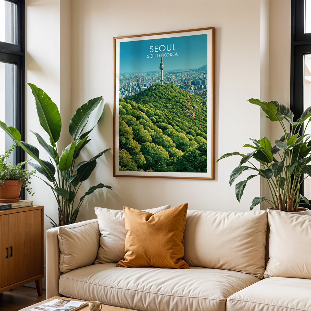Framed N Seoul Tower Seoul Korea wall art hanging above a cream sofa in a bright living room with tropical plants