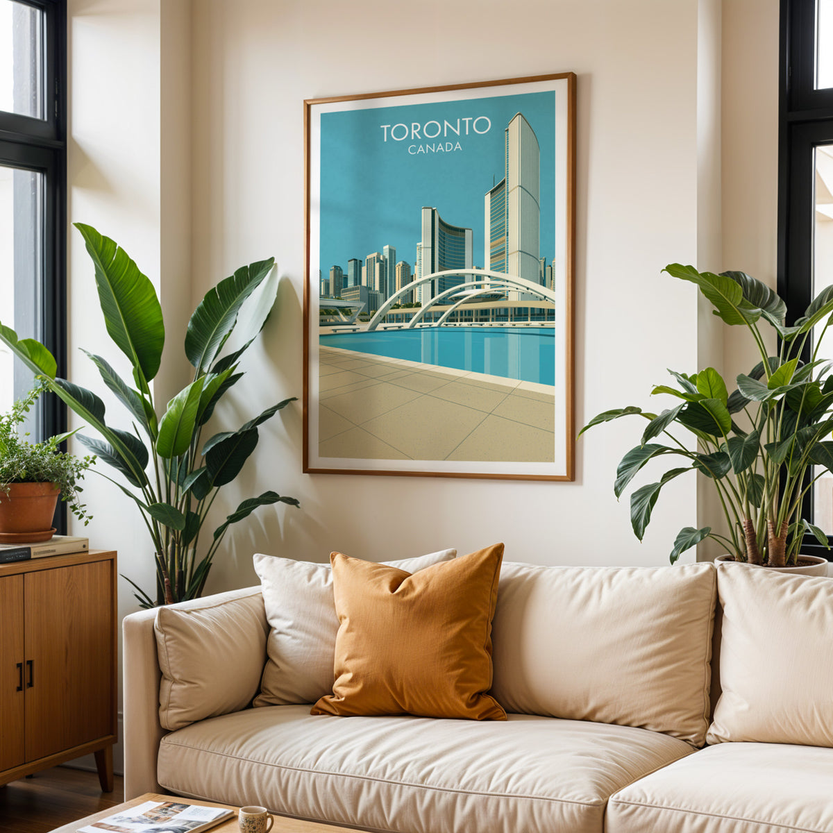 Toronto City Hall arches print in an oak frame above a cream sofa with a rust cushion