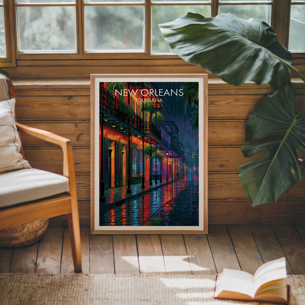 New Orleans art print in oak on a warm wood wall by a mid-century armchair and monstera leaves.