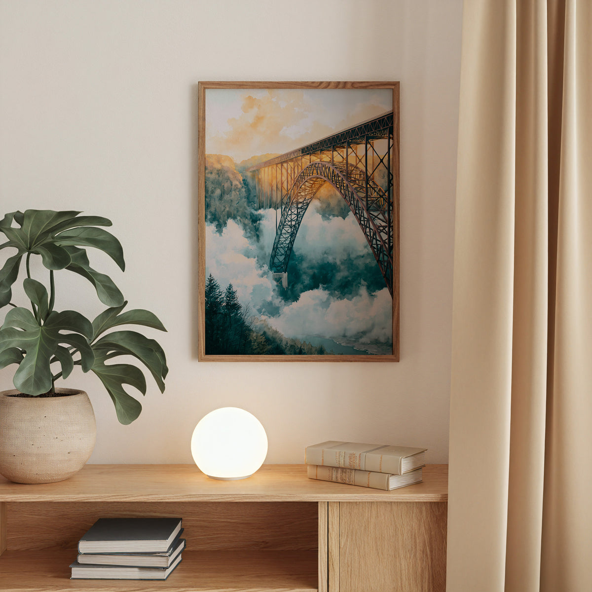 New River Gorge National Park watercolor print in an oak frame above a console table with a globe lamp and monstera