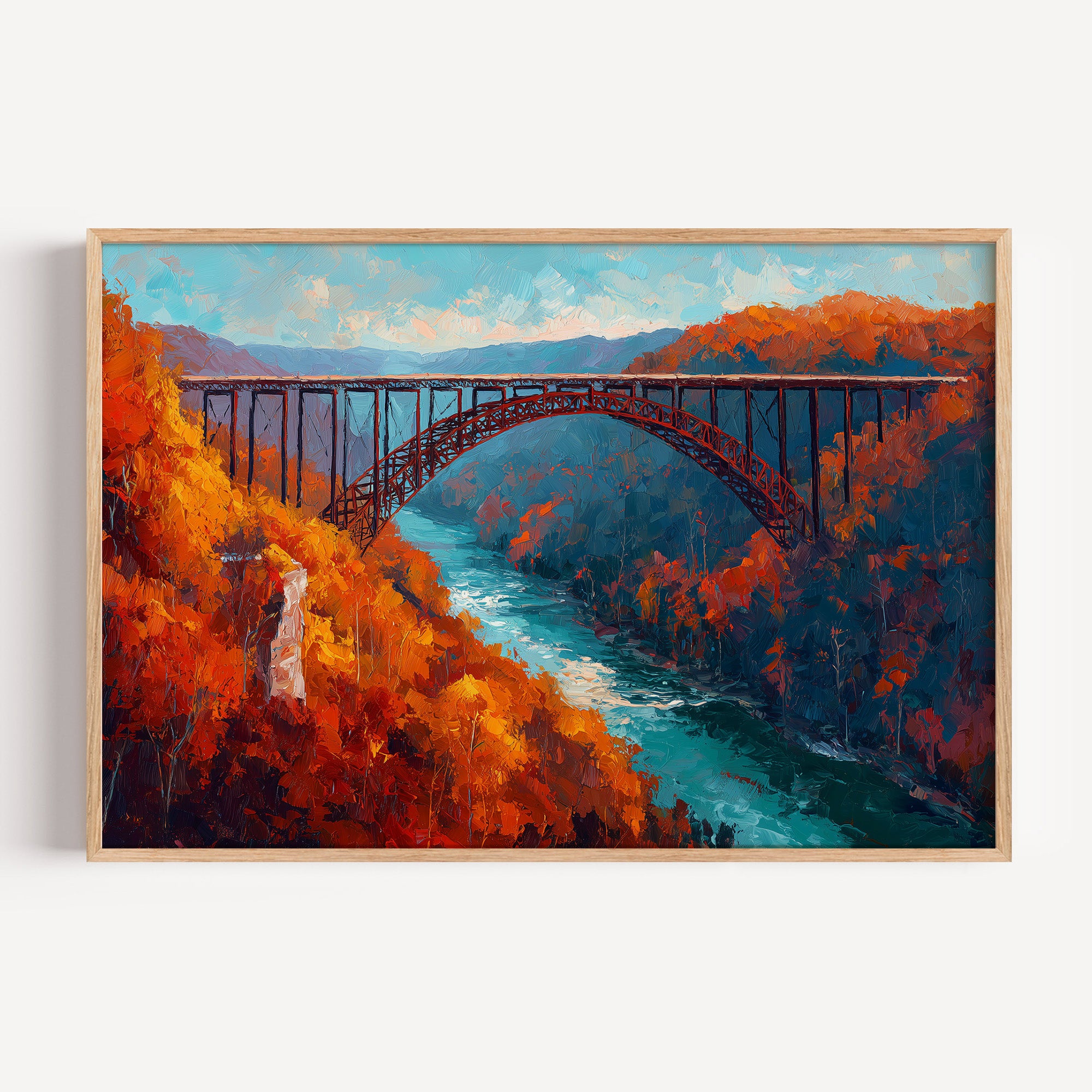 New River Gorge National Park oil painting print in an oak frame: the arch bridge in autumn color