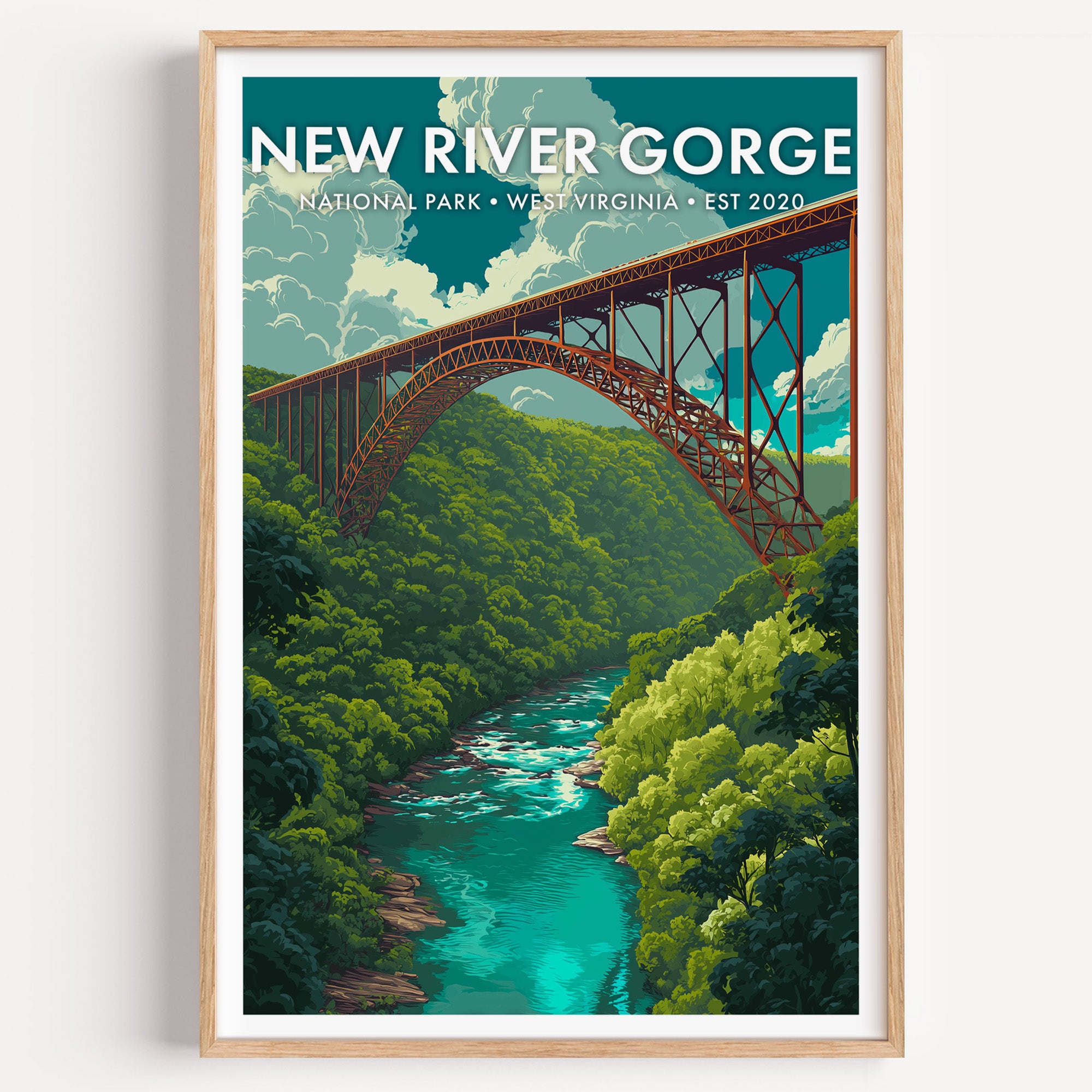 New River Gorge National Park mid-century modern art print — the great steel arch of the New River Gorge Bridge over a forested gorge