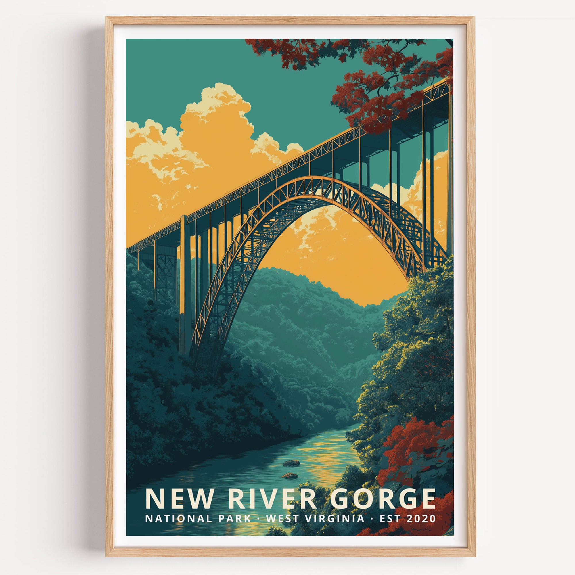 New River Gorge National Park retro travel poster — the steel arch bridge spanning a forested gorge above the river, West Virginia