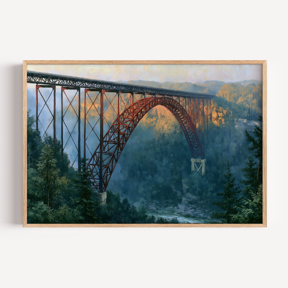 New River Gorge classical oil painting print in an oak frame: the arch bridge over a misty gorge