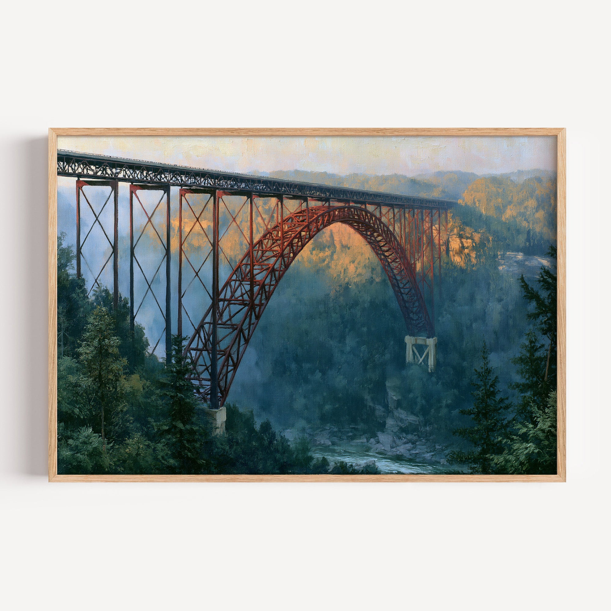 New River Gorge classical oil painting print in an oak frame: the arch bridge over a misty gorge