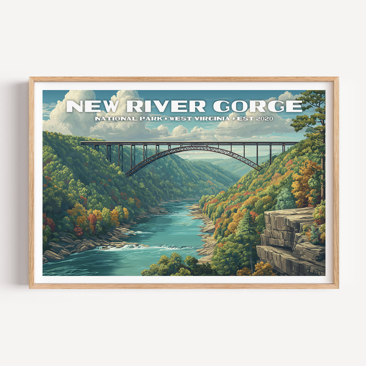 The New River Gorge Bridge spanning an autumn gorge above whitewater rapids — New River Gorge National Park vintage WPA travel poster print