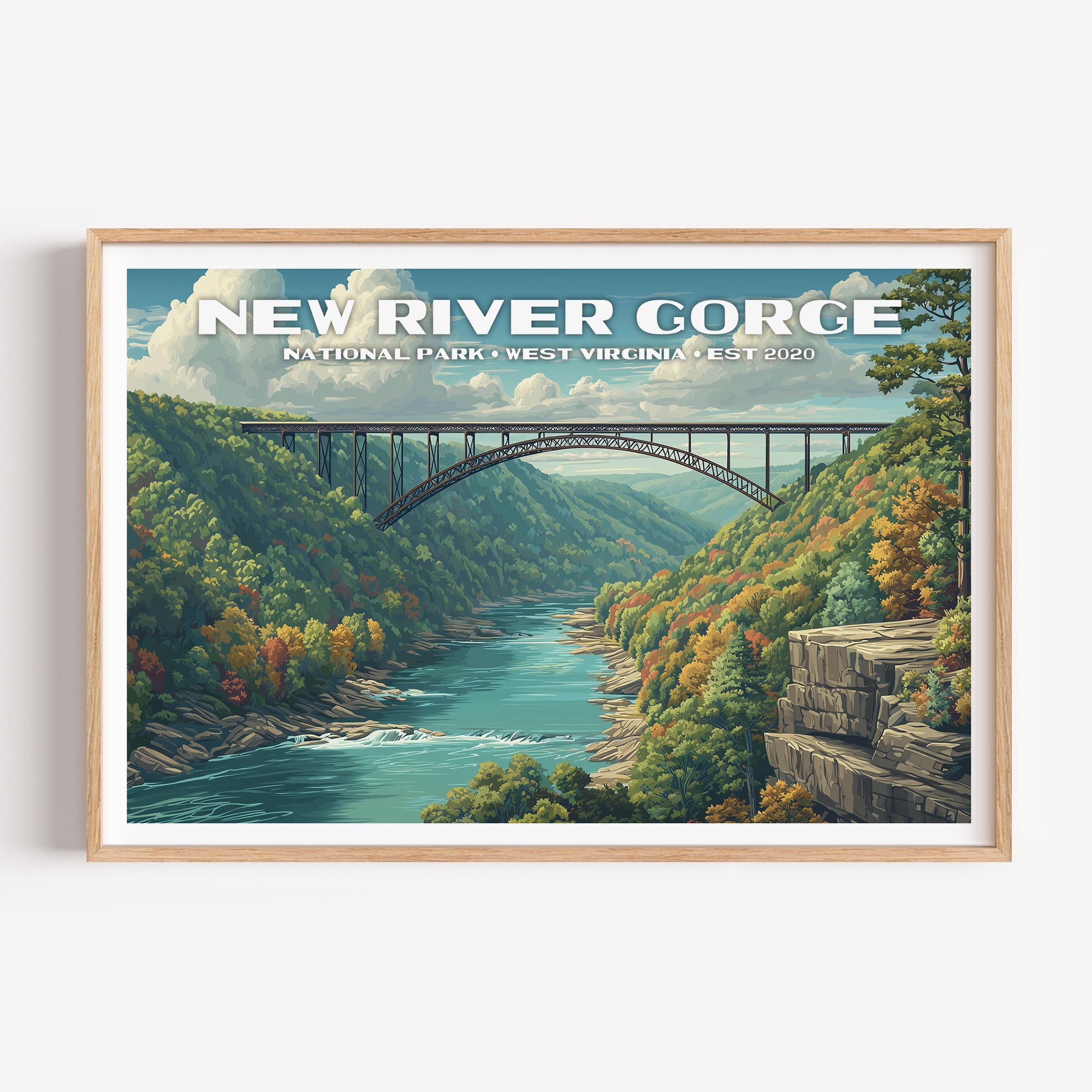 The New River Gorge Bridge spanning an autumn gorge above whitewater rapids — New River Gorge National Park vintage WPA travel poster print