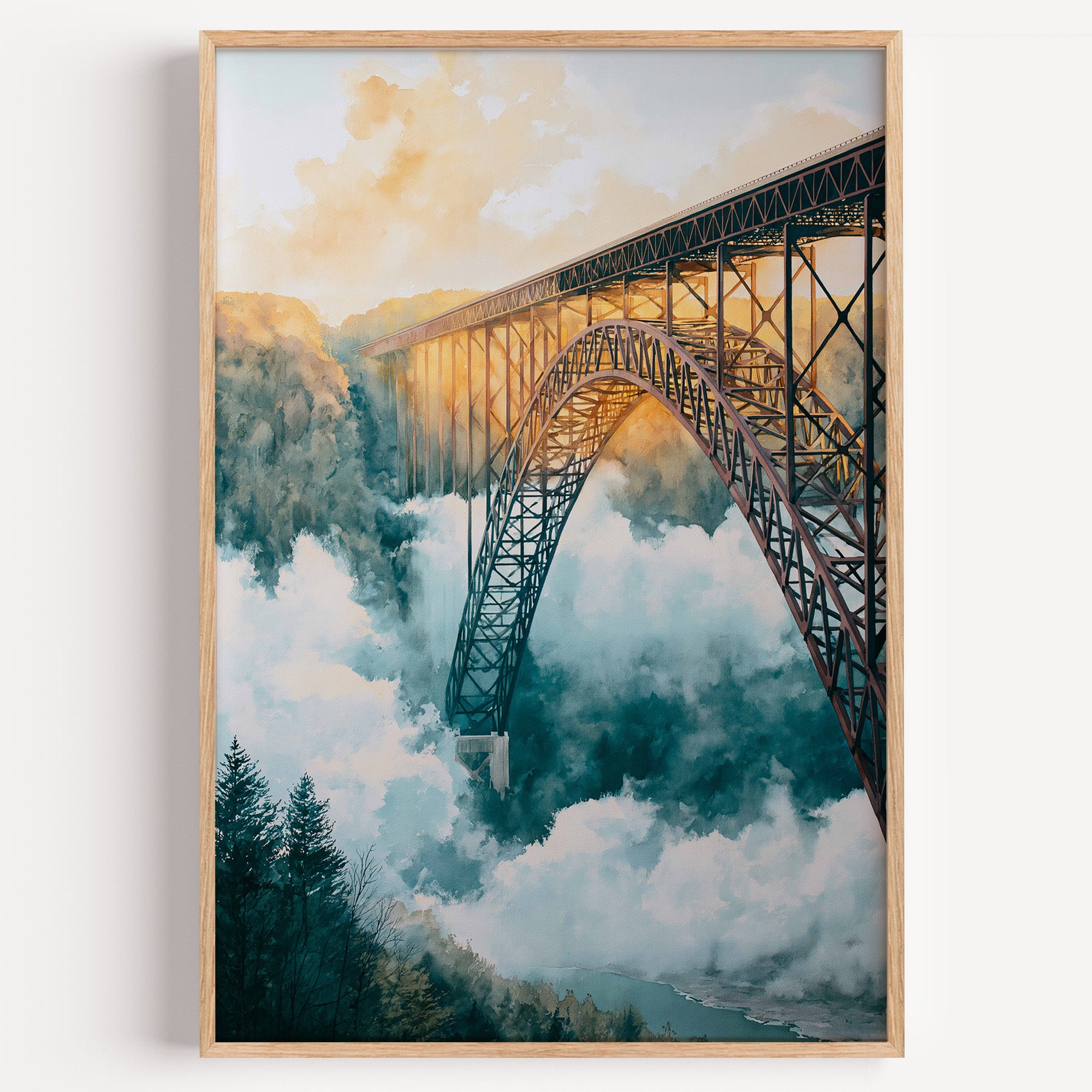 New River Gorge National Park watercolor art print: steel arch bridge above a fog-filled gorge at sunrise