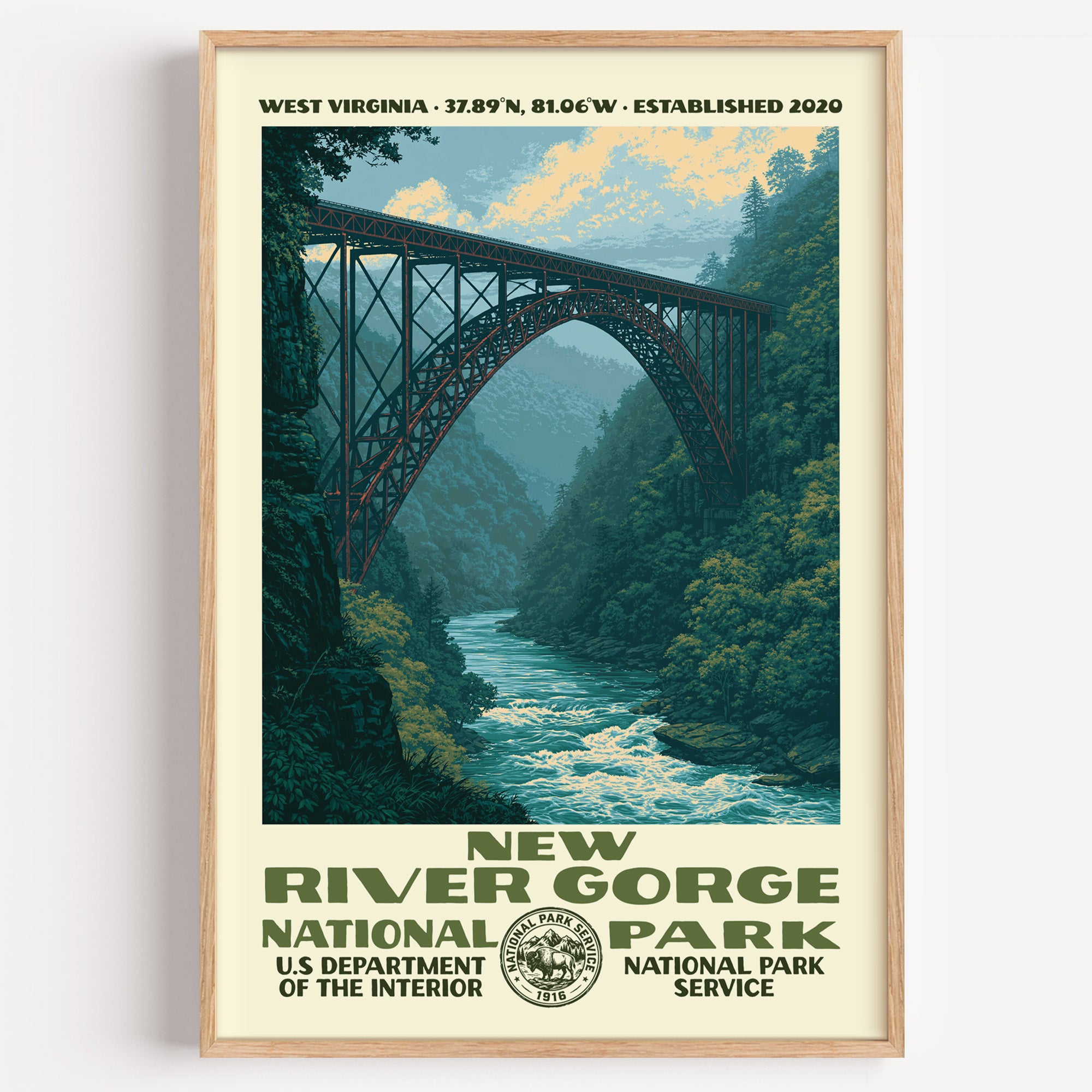 New River Gorge National Park vintage WPA poster in a wood frame, the steel arch bridge spanning a forested green gorge