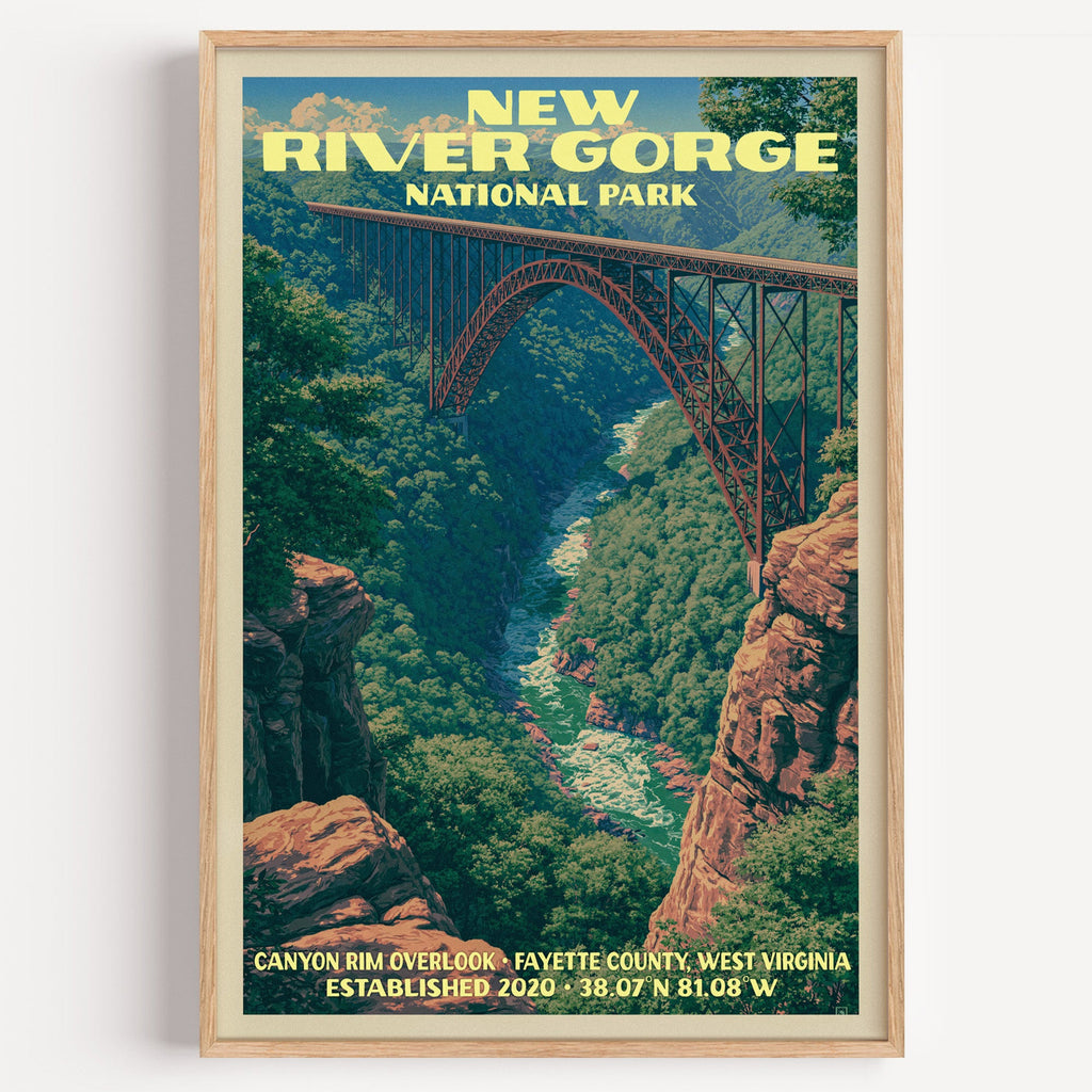 Canyon Rim Overlook New River Gorge vintage poster in a light oak frame on a plain white wall