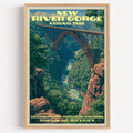 Canyon Rim Overlook New River Gorge vintage poster in a light oak frame on a plain white wall