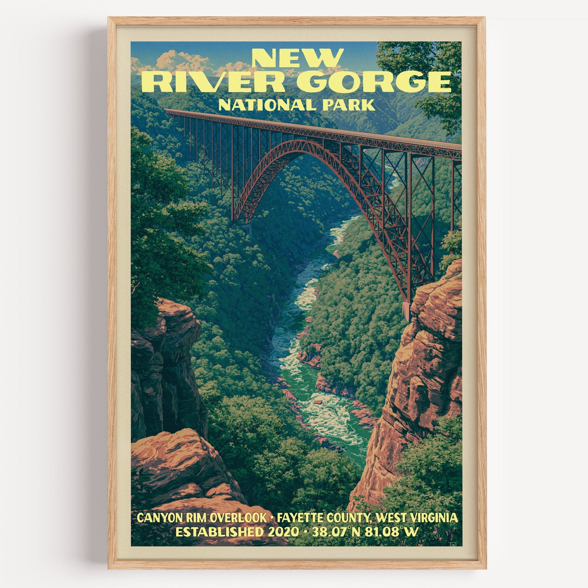 Canyon Rim Overlook New River Gorge vintage poster in a light oak frame on a plain white wall