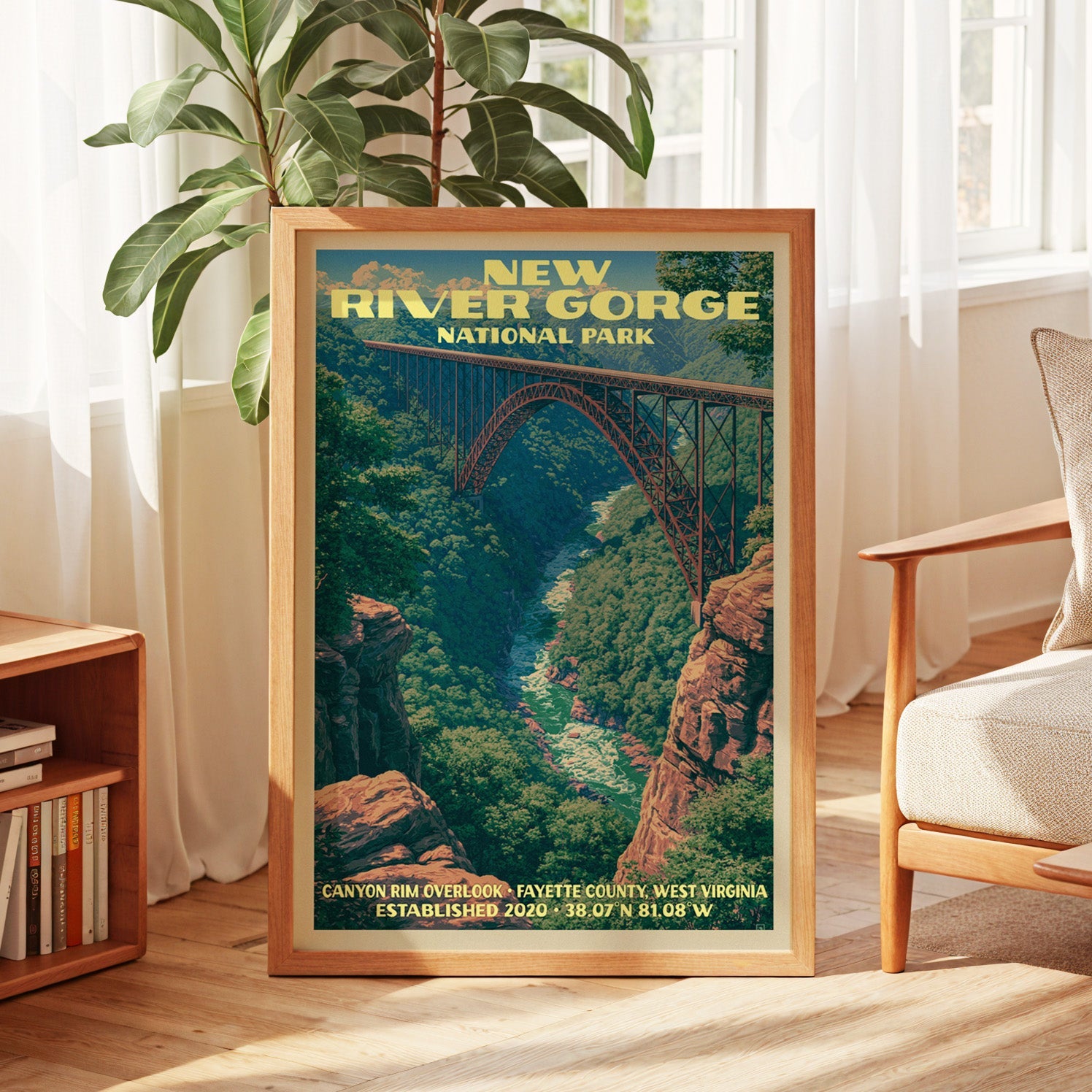 New River Gorge vintage poster in oak, leaning by a sunlit window with sheer curtains and a low bookshelf