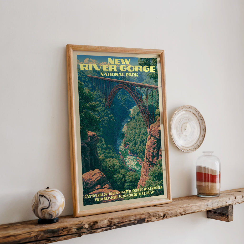 New River Gorge print in oak, leaning on a reclaimed wood ledge with a marbled stone sphere and sand jar
