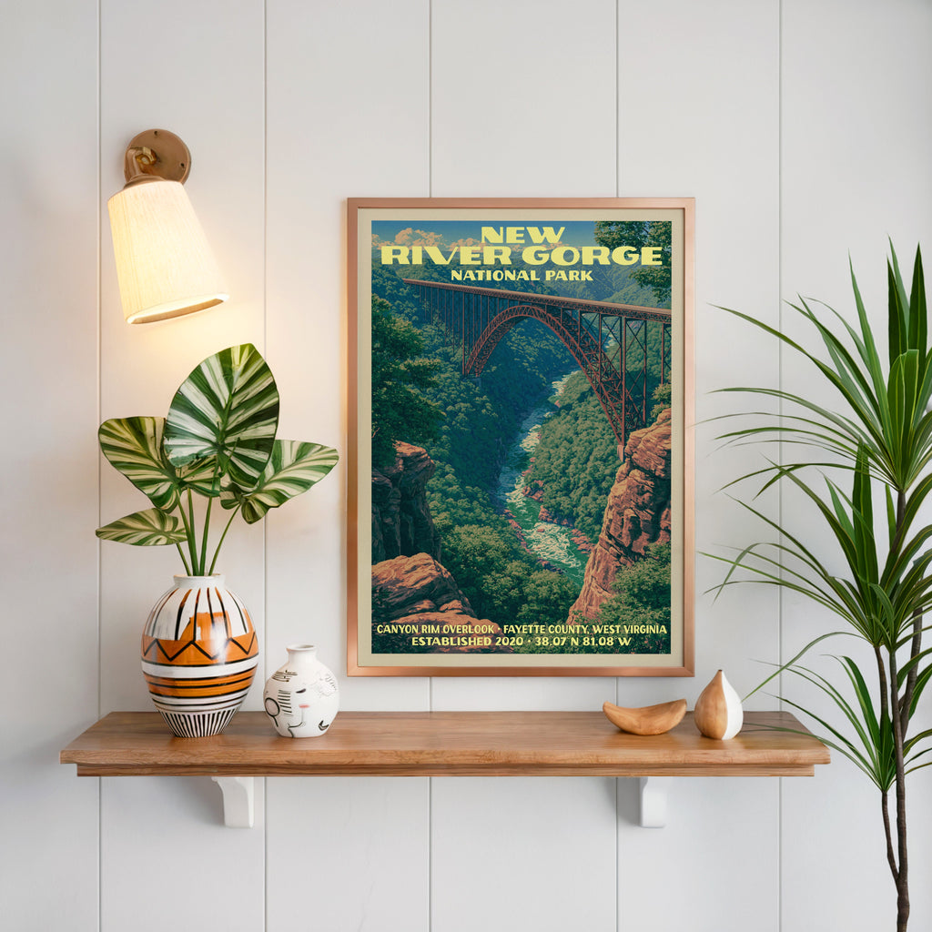 Canyon Rim Overlook print framed on white panelling above an oak shelf with a patterned vase and brass sconce