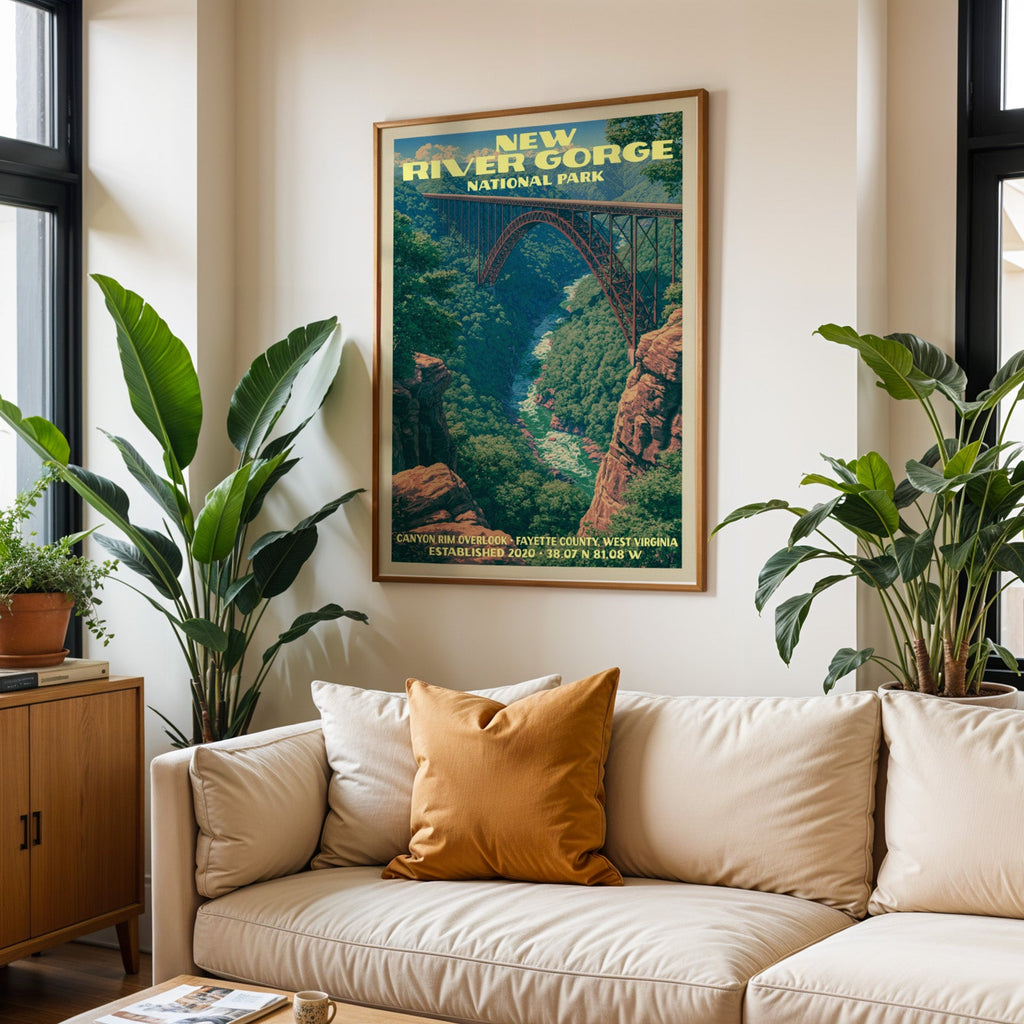 New River Gorge vintage travel print in oak above a cream sofa with a rust cushion and tall houseplants