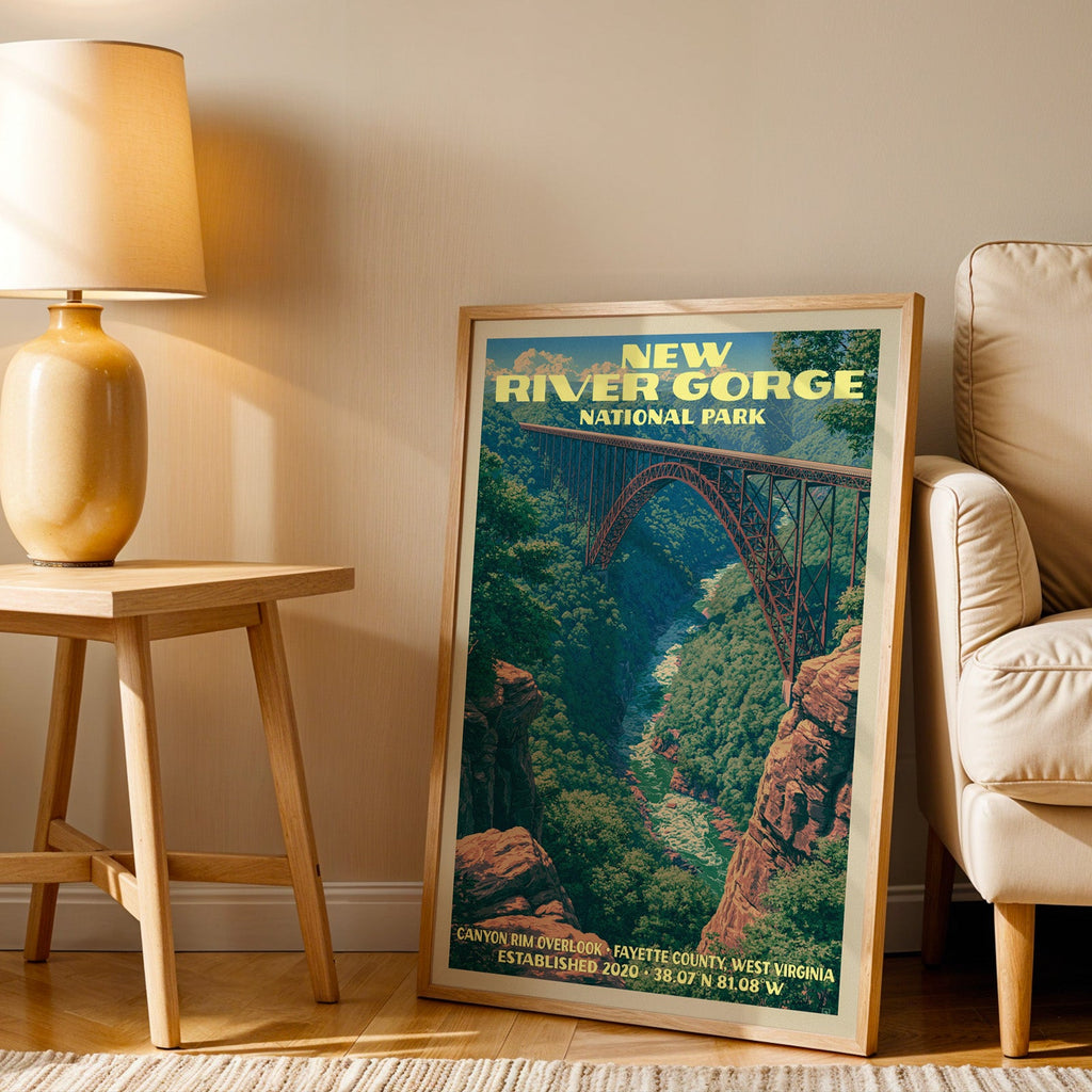 Canyon Rim Overlook New River Gorge wall art in oak, leaning by an armchair and a table with an ochre lamp