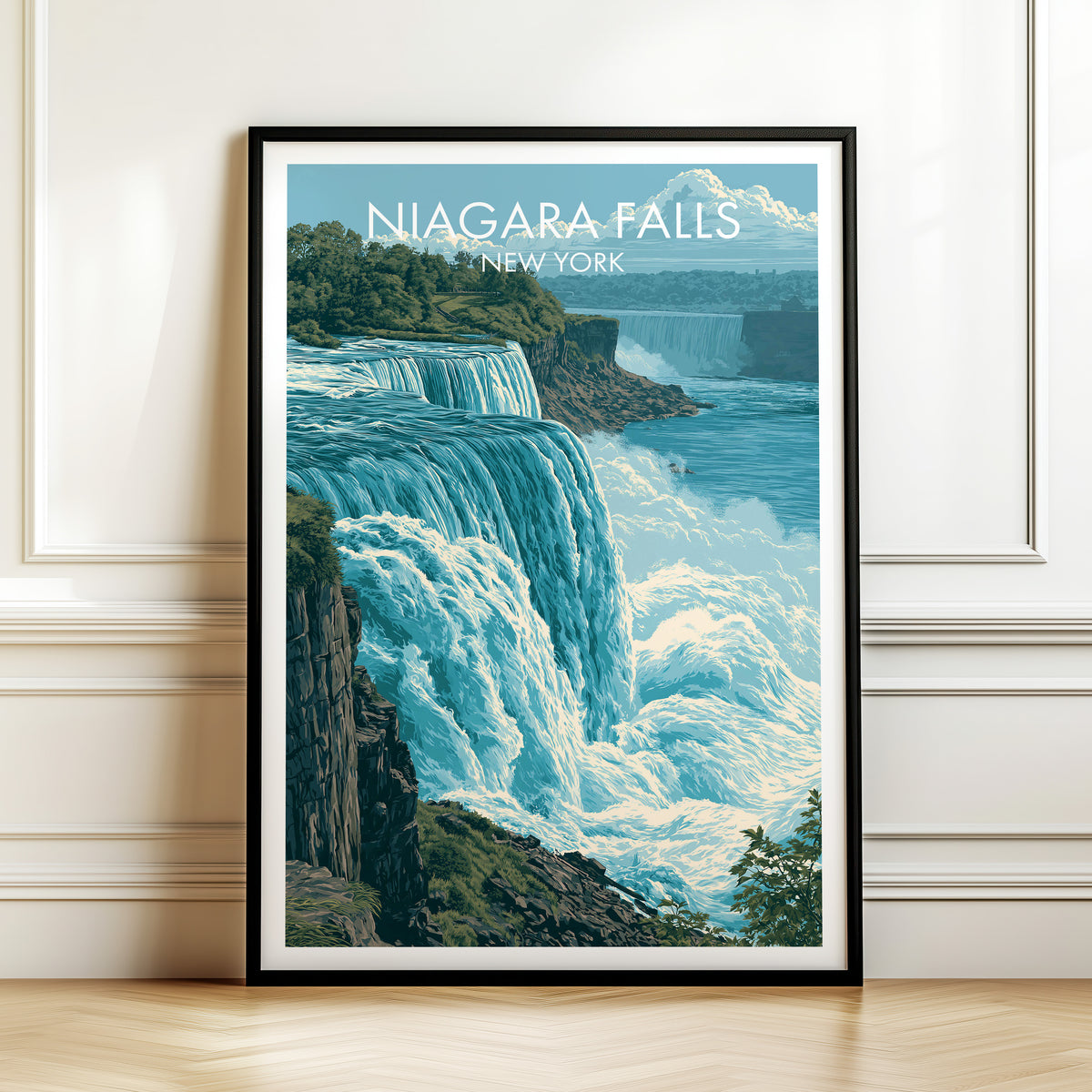 New York waterfall print in a black frame leaning on a panelled wall above a herringbone wood floor.