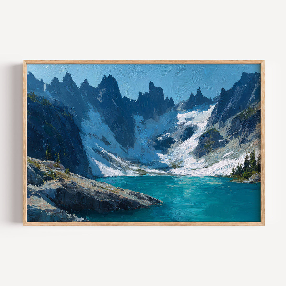North Cascades National Park oil painting print in an oak frame: peaks above a turquoise alpine lake