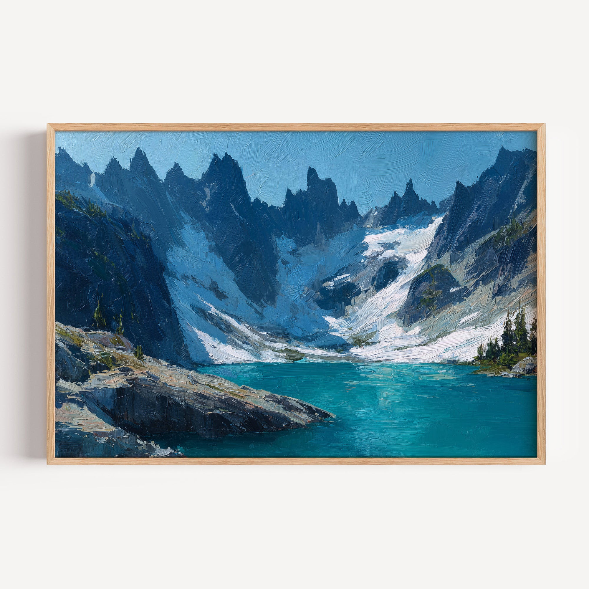 North Cascades National Park oil painting print in an oak frame: peaks above a turquoise alpine lake