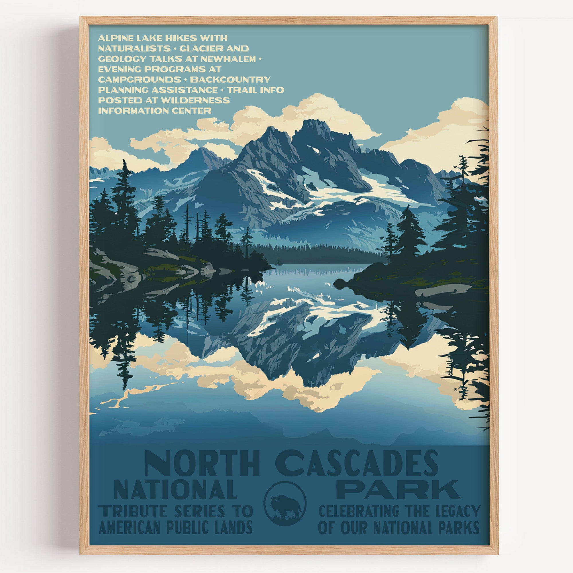 North Cascades National Park wall art print in a thin wood frame, jagged peaks mirrored in a blue alpine lake
